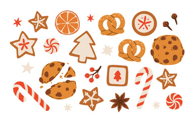 Wall Mural - Set of gingerbread Christmas cookies with fondant icing in shape of forest trees, five-pointed stars and sweet cane, chocolate chip cookie. Cute vector holiday illustration with homemade baked goods.