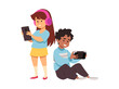 © sabelskaya - Vector illustration depicts a boy and a girl using a phone and a tablet.