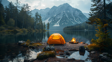 camping tent in the forest.summer camp with bonfire, tent, backpack . landscape with mountain, fores