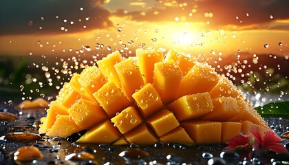 Vibrant mango slice adorned with dew drops, radiating freshness under a warm sunrise glow