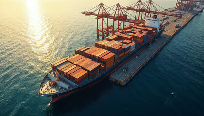 Aerial view of a container ship at a busy port, ideal for a global trade promotional ad.






