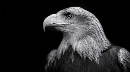an elegant black and white shot of a majestic eagle in a dark setting