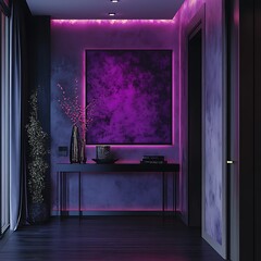 Poster - Modern hallway interior design with purple accent lighting and decor.