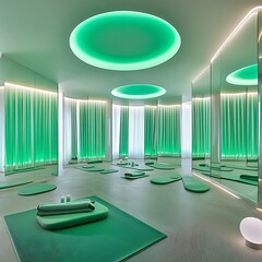 Sticker - Modern Yoga Studio Interior with Green Lighting and Mirrors.