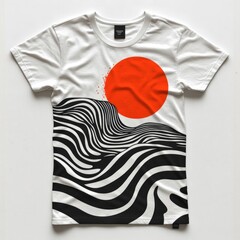 Poster - A graphic t-shirt featuring abstract waves and a red sun.