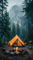 camping tent in the forest.summer camp with bonfire, tent, backpack . landscape with mountain, fores