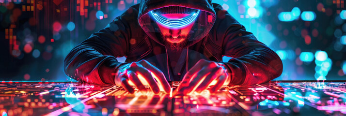 An individual wearing a hoodie concentrates on a bright, illuminated digital keyboard, surrounded by a colorful, futuristic atmosphere at night