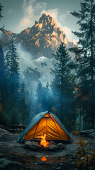 camping tent in the forest.summer camp with bonfire, tent, backpack . landscape with mountain, fores