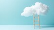 © TENTIP - Ladder reaching a white fluffy cloud against a blue background symbolizing dream, aspiration, success, and creativity in a surreal concept.