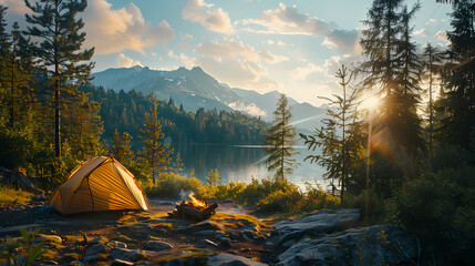 camping tent in the forest.summer camp with bonfire, tent, backpack . landscape with mountain, fores