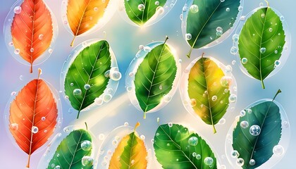 Wall Mural - Vitality of Nature: A Fresh Leaf Inside a Bubble with Bright Light in a Cute and Elegant Watercolor Style