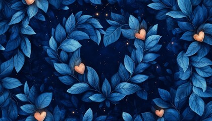 Poster - A heart-shaped arrangement of blue leaves and golden hearts.