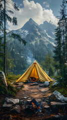 camping tent in the forest.summer camp with bonfire, tent, backpack . landscape with mountain, fores