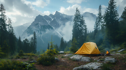 camping tent in the forest.summer camp with bonfire, tent, backpack . landscape with mountain, fores
