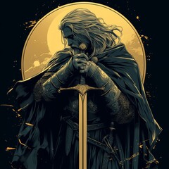 Wall Mural - A heroic figure in a cloak holding a sword, set against a golden backdrop.