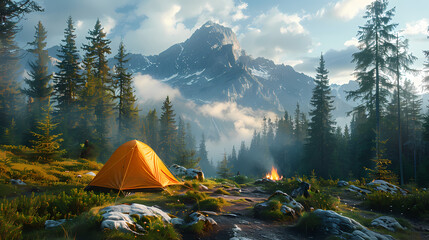 camping tent in the forest.summer camp with bonfire, tent, backpack . landscape with mountain, fores