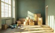 © KrikHill - New home move-in, cardboard boxes and cleaning equipment, scattered supplies in an empty room, natural daylight.