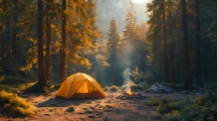 camping tent in the forest.summer camp with bonfire, tent, backpack . landscape with mountain, fores
