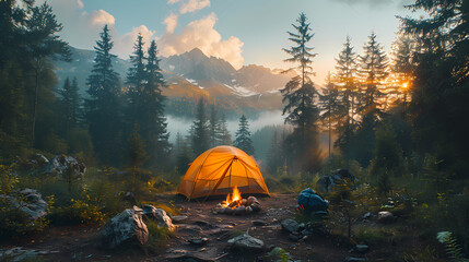 camping tent in the forest.summer camp with bonfire, tent, backpack . landscape with mountain, fores