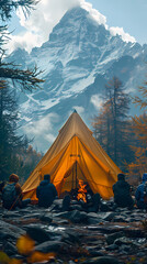 camping tent in the forest.summer camp with bonfire, tent, backpack . landscape with mountain, fores