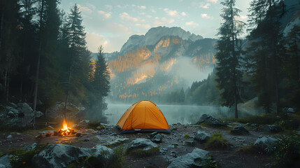camping tent in the forest.summer camp with bonfire, tent, backpack . landscape with mountain, fores