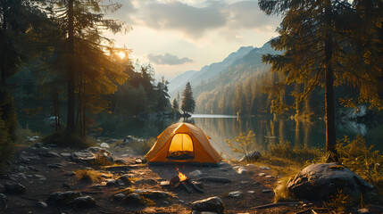 camping tent in the forest.summer camp with bonfire, tent, backpack . landscape with mountain, fores