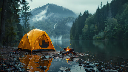 camping tent in the forest.summer camp with bonfire, tent, backpack . landscape with mountain, fores