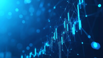 Poster - Digital candlestick graph chart of stock in futuristic low poly wireframe style. Web banner of trading cryptocurrency concept. Abstract market investment exchange on technological blue background..