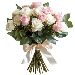 a beautiful bouquet featuring an array of pink and white roses, elegantly bound with a ribbon, surro