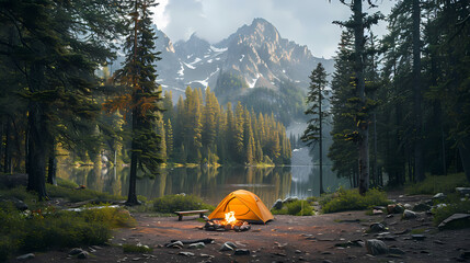 camping tent in the forest.summer camp with bonfire, tent, backpack . landscape with mountain, fores