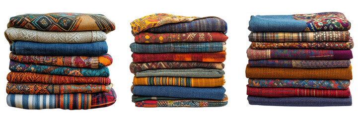 A collection of beautifully arranged, colorful folded textiles with diverse patterns and textures, showcasing traditional craftsmanship and design.