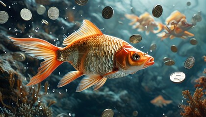 Dynamic dance of fish amidst flowing silver coins in a vibrant underwater landscape, representing wealth and abundance