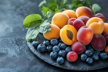 Wall Mural - An elegant black plate with vibrant fruits, featuring juicy apricots and bright berries like raspberries and blueberries, creating a visually appealing composition.