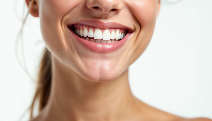 Wall Mural - Close-up portrait of a smiling woman with clean teeth and fresh hair, set against a white background.






