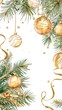 © Dz - Border with green fir branches, gold balls. Pine, xmas evergreen plants seamless banner. Christmas tree garland decoration