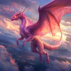 Wall Mural - A majestic pink dragon soaring through a vibrant sky.