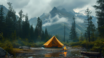 camping tent in the forest.summer camp with bonfire, tent, backpack . landscape with mountain, fores