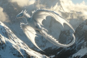 Sticker - A majestic white dragon soaring above snow-capped mountains.