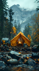 camping tent in the forest.summer camp with bonfire, tent, backpack . landscape with mountain, fores