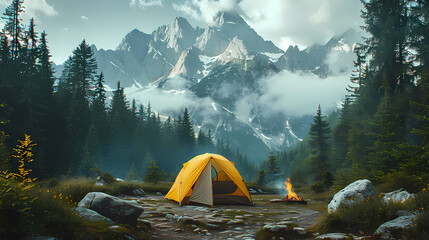 camping tent in the forest.summer camp with bonfire, tent, backpack . landscape with mountain, fores
