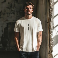 Sticker - A man in a minimalist t-shirt stands against a textured wall.