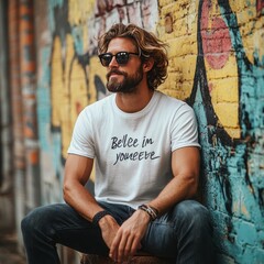 Sticker - A man sitting against a colorful wall, wearing sunglasses and a t-shirt.