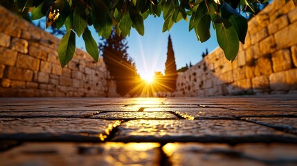 Picturesque sunrise over the Wailing Wall in Jerusalem, realistic, historical Jewish site, Western Wall, religious significance, prayer rituals, ancient stones, cultural heritage