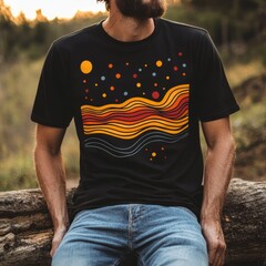 Sticker - A man wearing a black t-shirt with abstract wave and dot patterns.