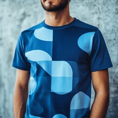 Sticker - A man wearing a blue patterned t-shirt against a textured background.