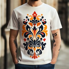 Sticker - A man wearing a decorative patterned t-shirt in an urban setting.