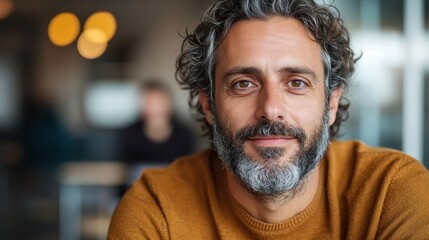 A man with a thick salt-and-pepper beard and wavy hair wears a brown shirt, smiling warmly and creating a welcoming atmosphere indoors.