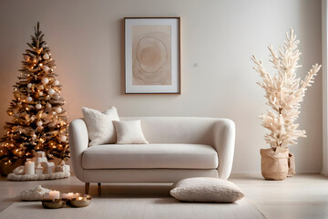 Wall Mural - New year tree and christmas decoration in cosy light living room with sofa. AI generated.	