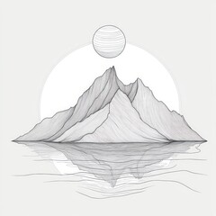 Poster - A minimalist mountain landscape with reflection and sun.