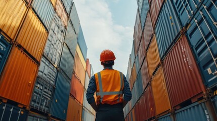 Back view of a logistics coordinator ensuring stock container in a brightly port